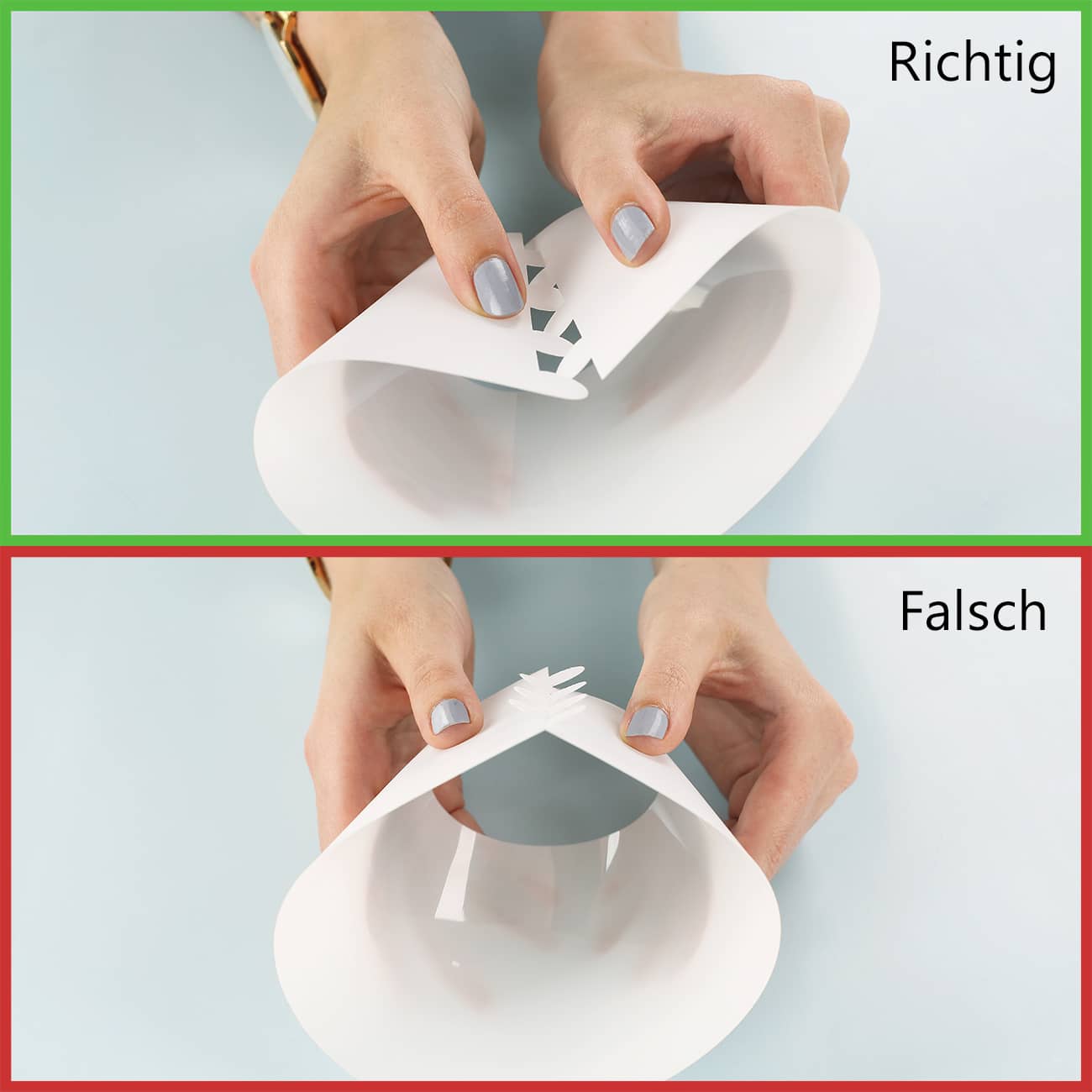 Steckanleitung, so geht es richtig. Oben sieht man wie es richtig gemacht wird und unten im Bild die falsche Art.