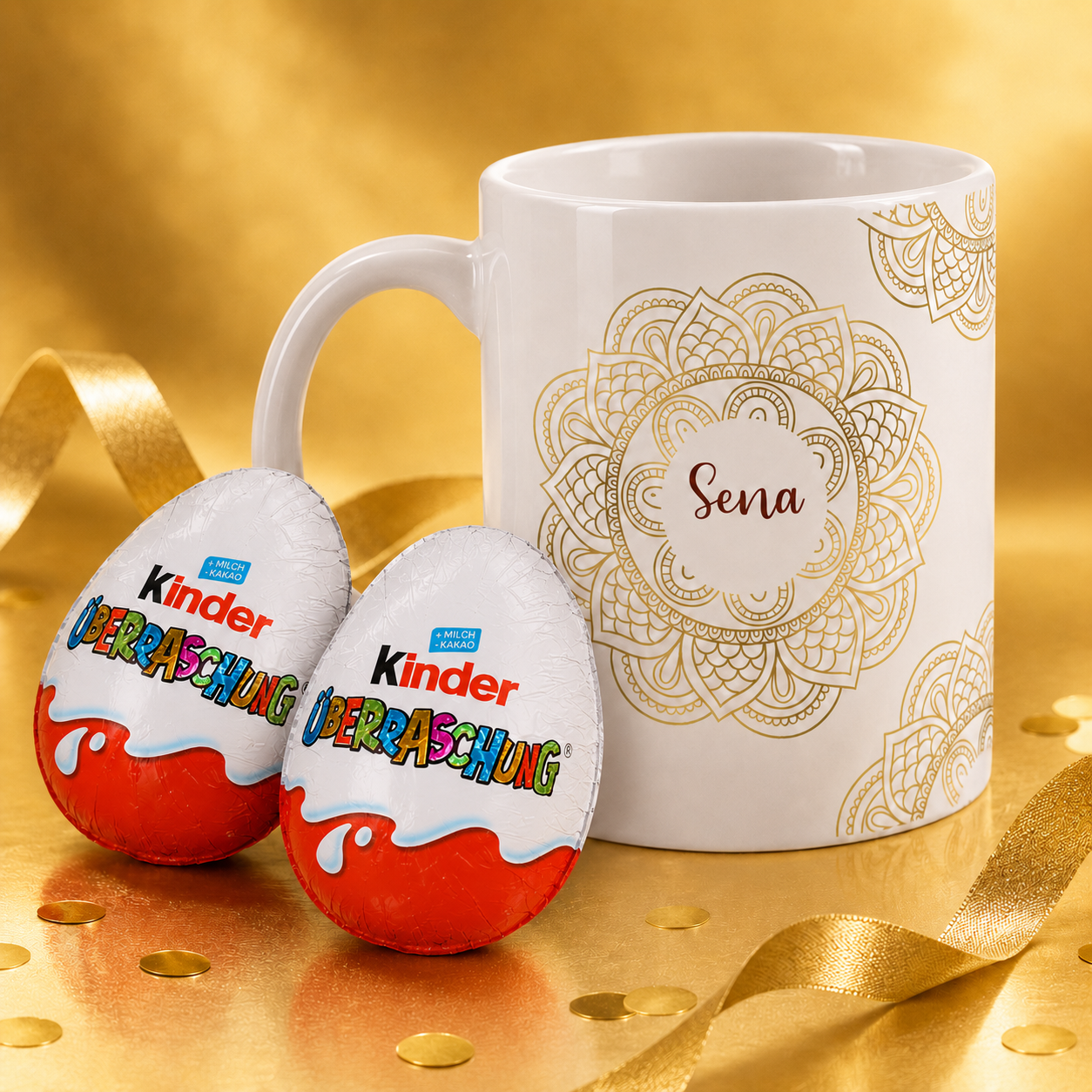 Geschenkset zu Ramadan mit personalisierter Tasse im Mandala-Design und süßer Füllung nach Wahl