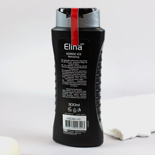 Rückseite des Männer-Duschgels Gelenkschmiere mit Produktinfos und Nordic Ice Duft