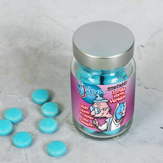 blaue Pille Vijakra im Glas mit Metall-Schraubverschluss