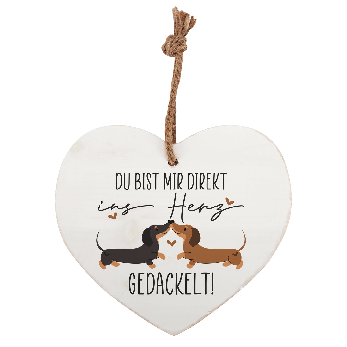 Detailansicht Holzherz zum Aufhängen – weiß lackierte Oberfläche, dickes Holz und Juteband, Dackelmotiv als Druck