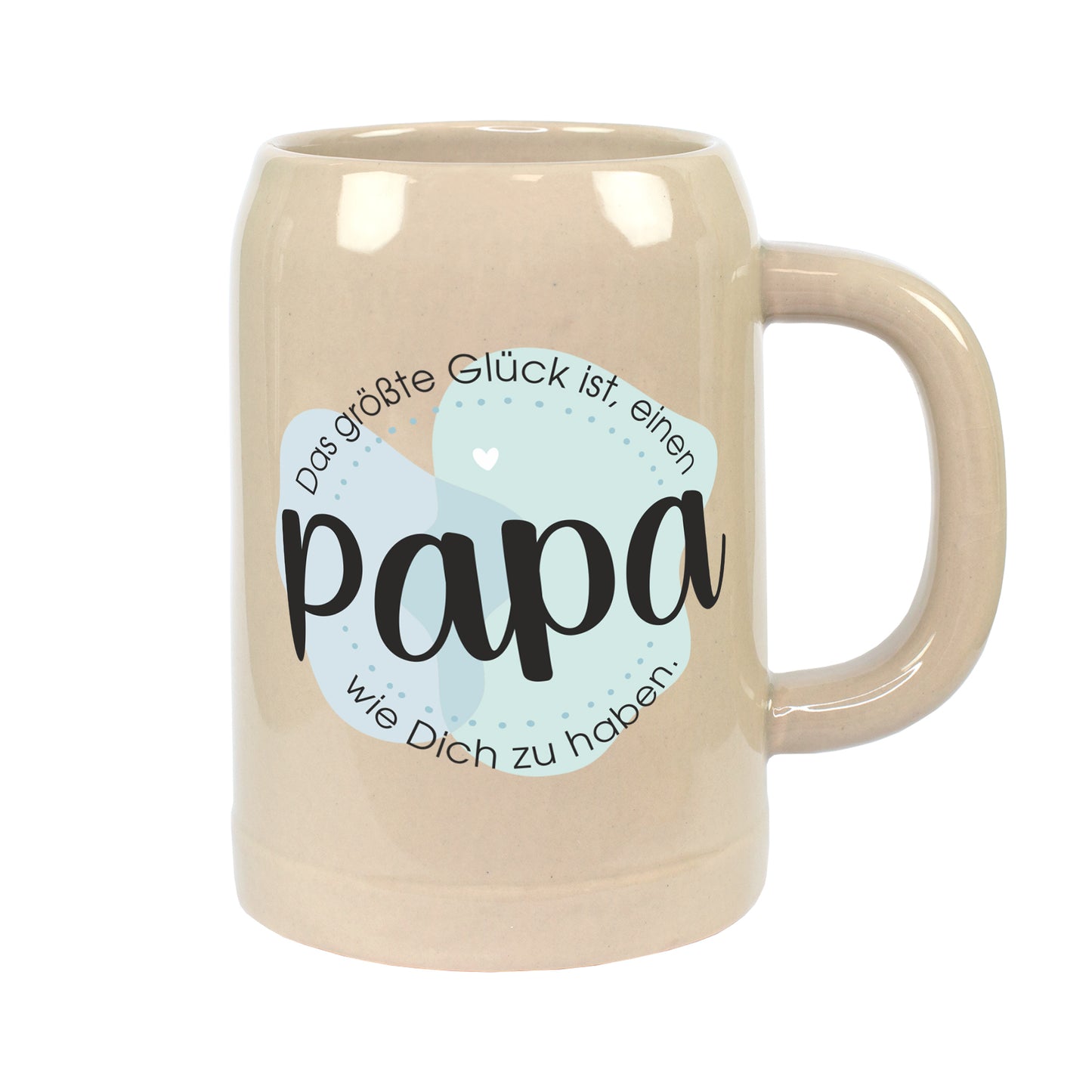 Freigestellter kleiner Papa Bierkrug aus Keramik mit Spruch „Das größte Glück ist, einen Papa wie Dich zu haben.“