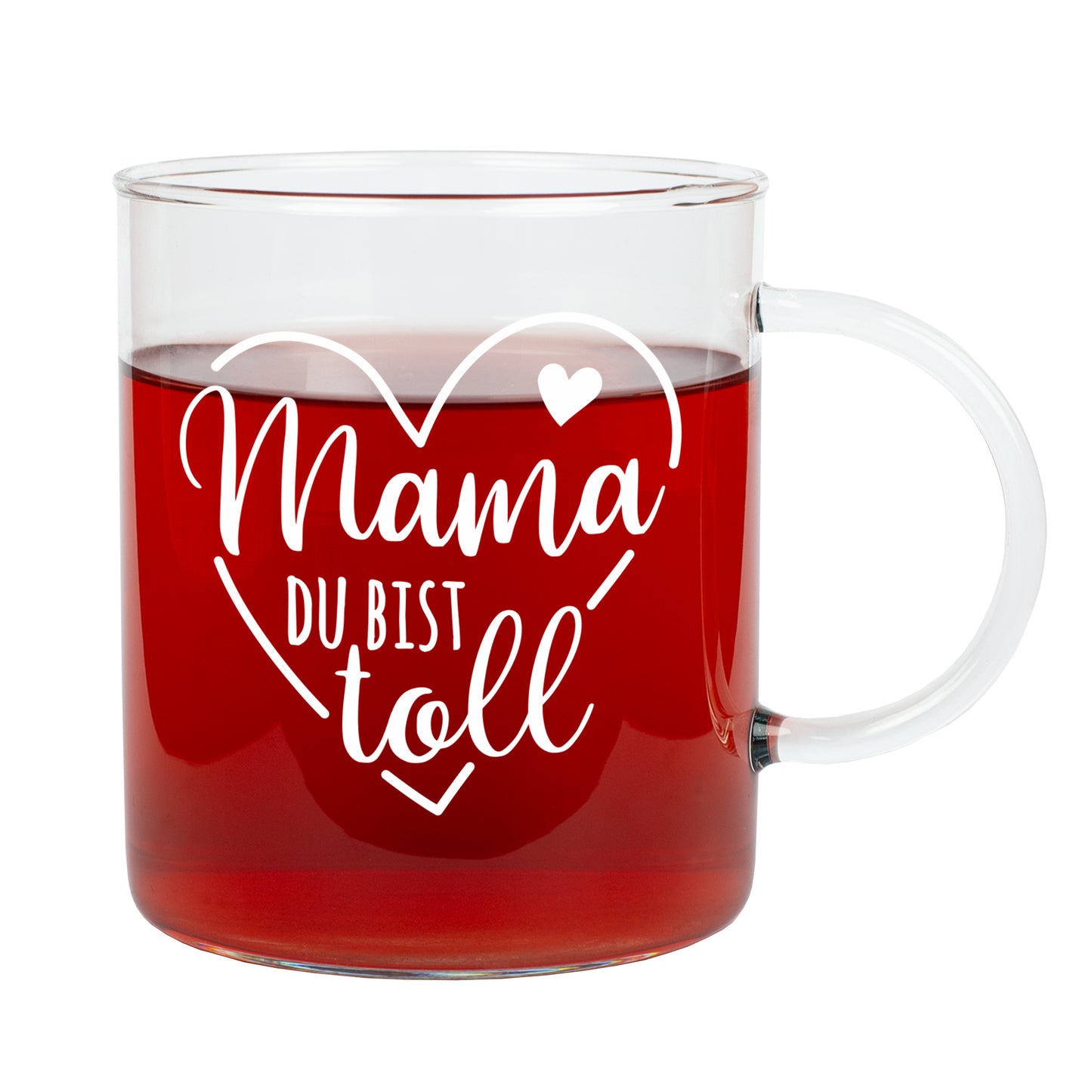 Freigestelltes Teeglas mit Mama du bist toll Schriftzug und Herzdesign