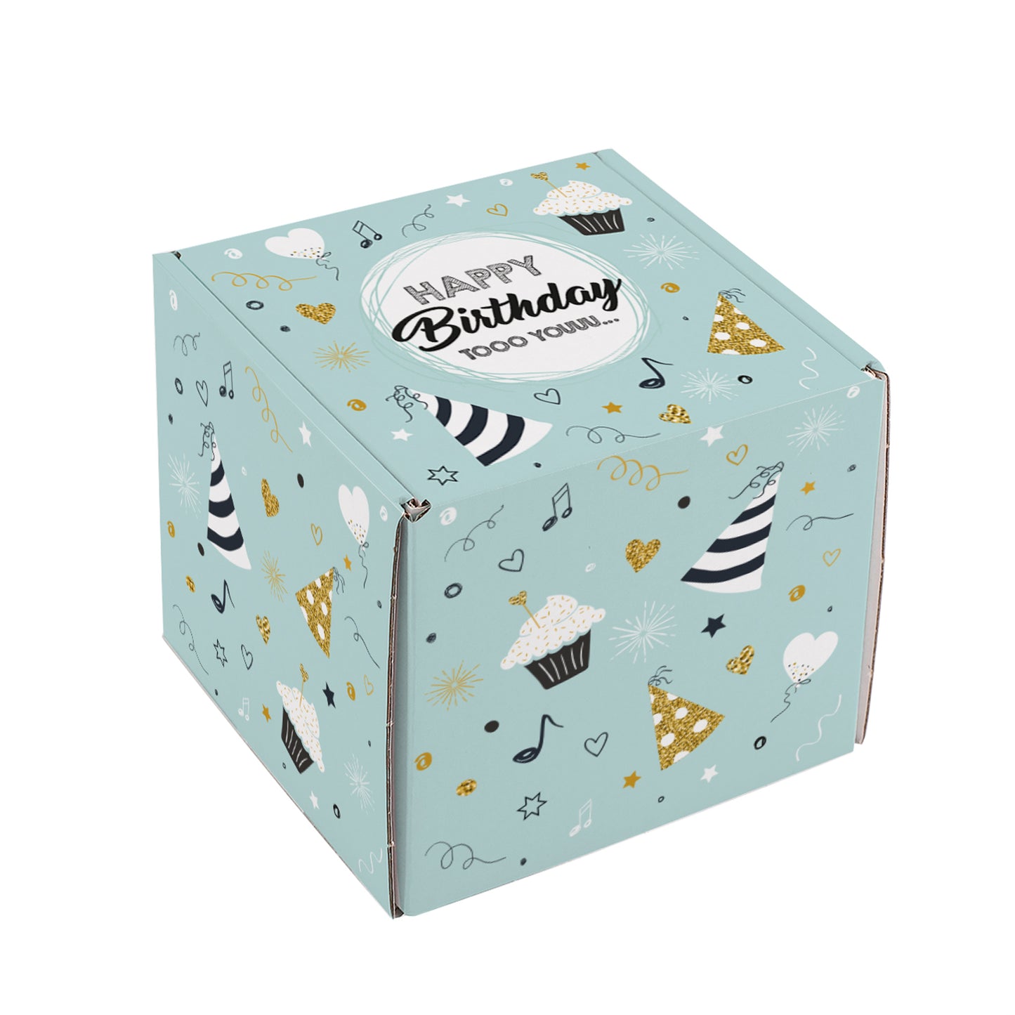 Freigestellte Ansicht der Geburtstagsbox mit Aufdruck „Happy Birthday tooo youuu…“