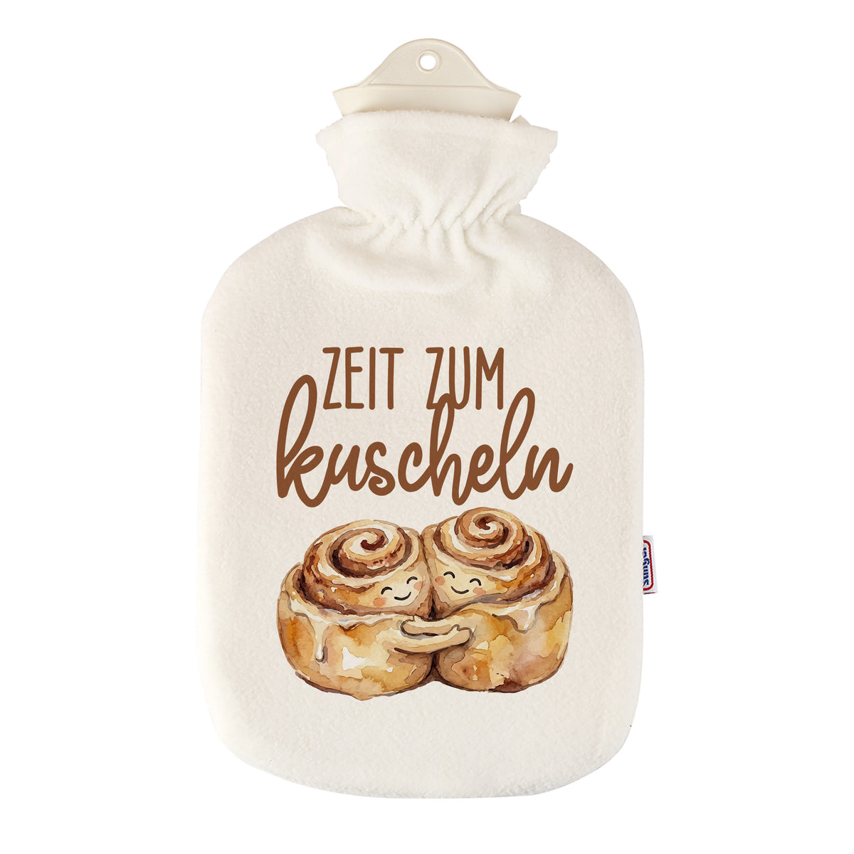 Weiße Wärmflasche mit Zimtschnecken Motiv „Zeit zum Kuscheln“ in Vorderansicht