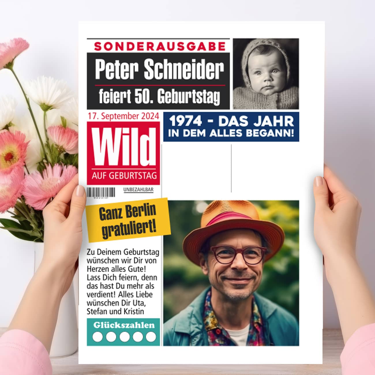 Große Klappkarte Geburtstagszeitung mit Ihren Fotos und individuellem Text