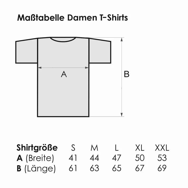 Maßtabelle für Damen T-Shirts von S bis XXL
