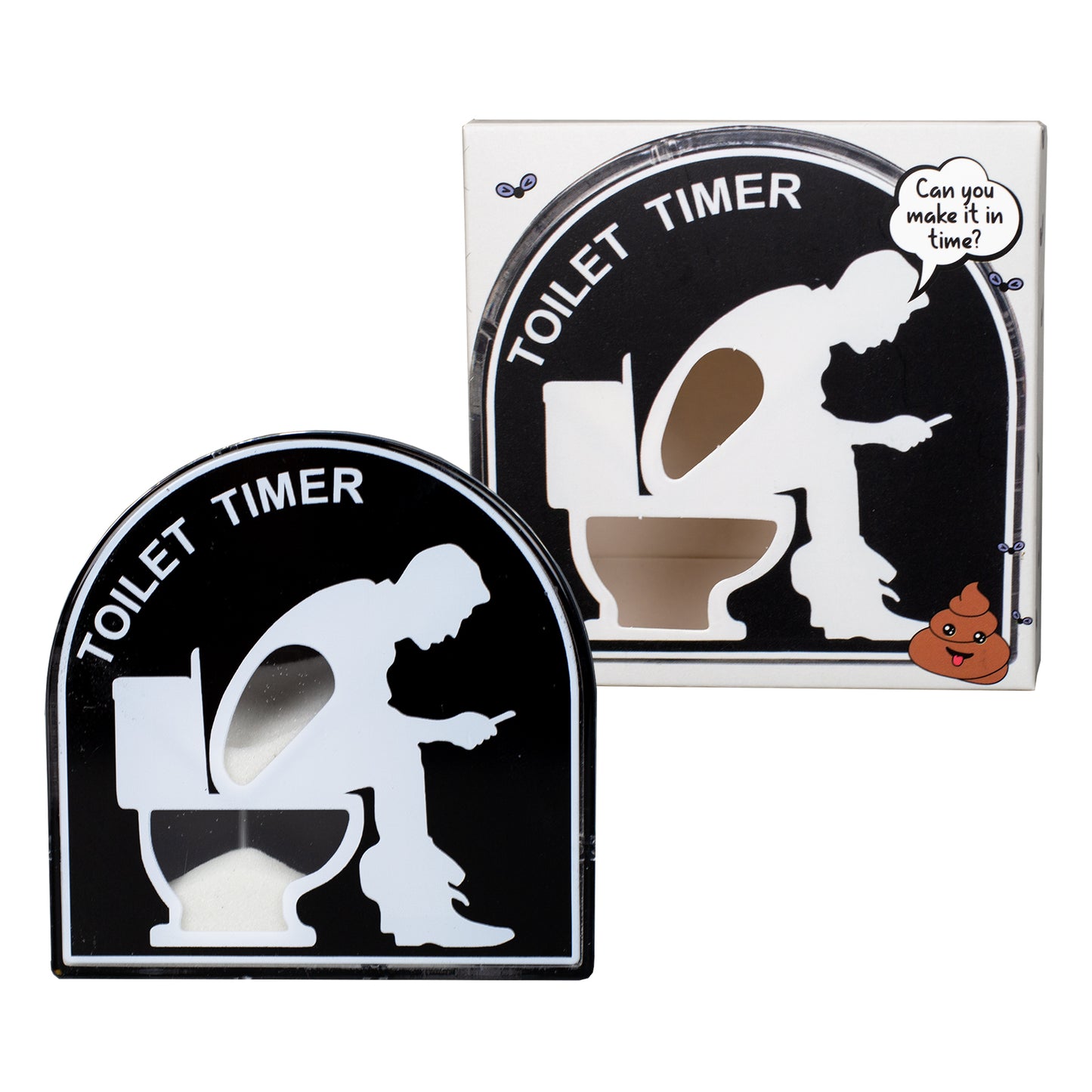 Schwarze Toilet Timer Sanduhr im Vergleich zur Verpackung auf hellem Hintergrund
