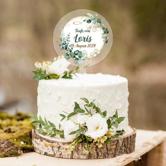 Personalisierter Tortentopper zur Taufe mit Eukalyptus-Motiv und Name Loris auf weißer Torte