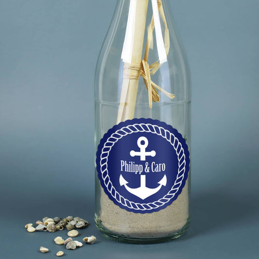 Flaschenpost zur Hochzeit mit tollen Aufkleber samt Anker, Tau und Namen versehen