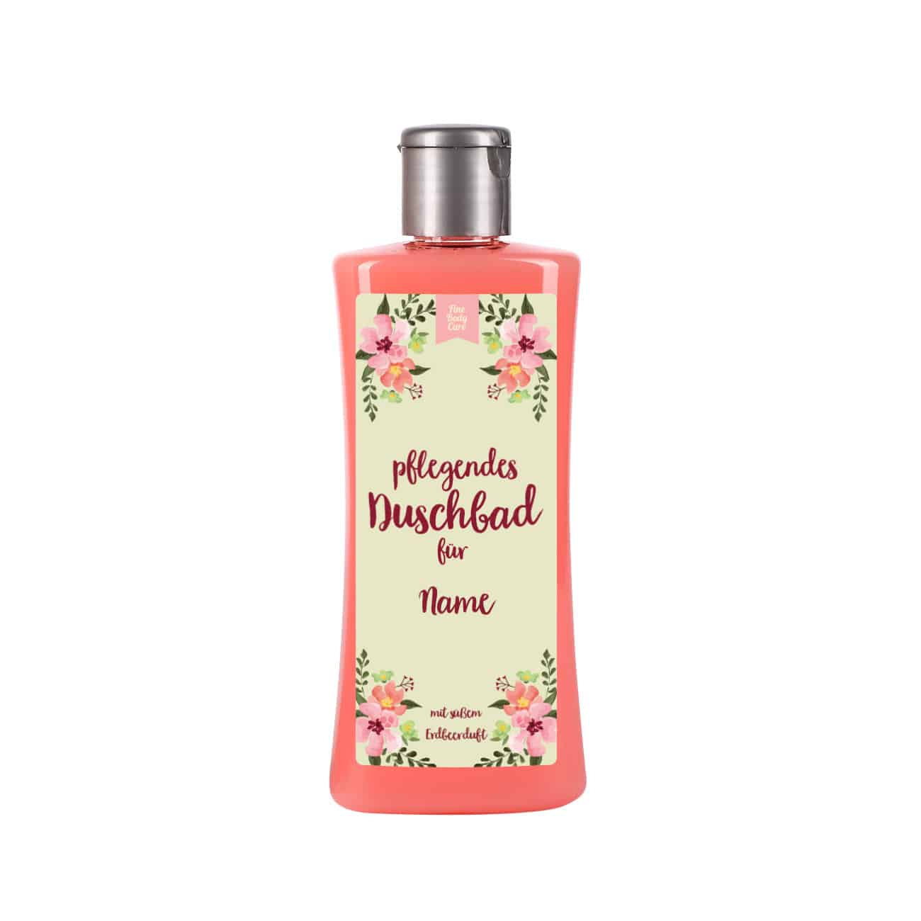 Erdbeer-Duschgel mit Watercolor-Blumenranken und Name