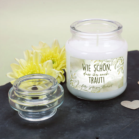 Personalisierte Duftkerze zur Hochzeit mit Wunschtext - Wie schön, dass ihr euch traut!