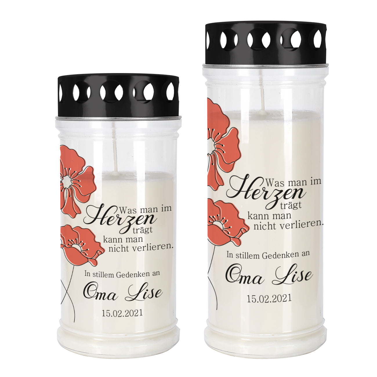 Grablicht in zwei Größen mit Mohnblumen, Name und Datum