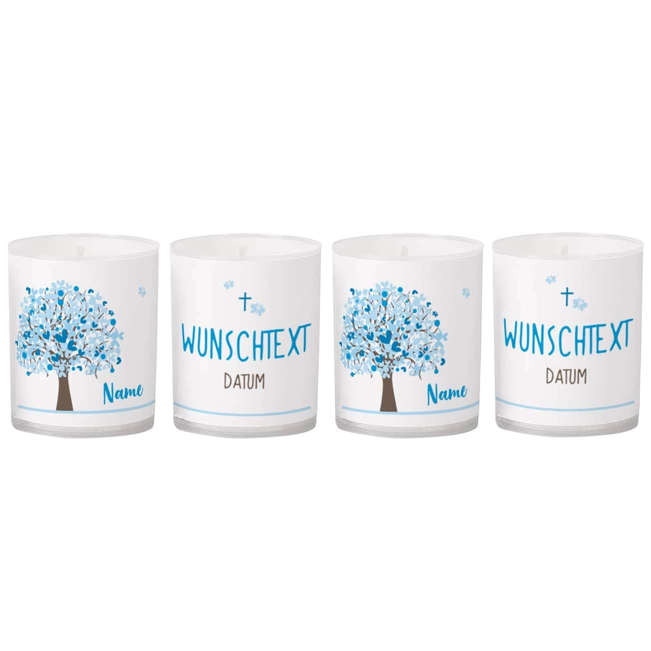 Vier kleine Kerzenbecher mit Name, Datum und Wunschtext