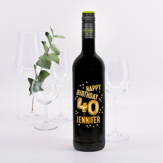 Biorebe Wein zum 40. Geburtstag personalisiert mit Name | Luftballon & Konfetti Design