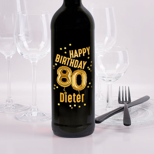 Rotweinflasche Biorebe Dornfelder mit goldenem Ballon-Motiv zum 80. Geburtstag und Name Dieter
