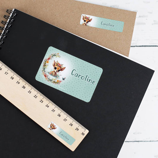 Rehkitz - Namensaufkleber mit Blumen (100 Stück) wasserfest