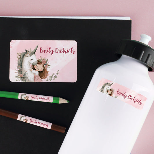 100-teiliges Schulaufkleber Set mit Einhornmotiv und Wunschname