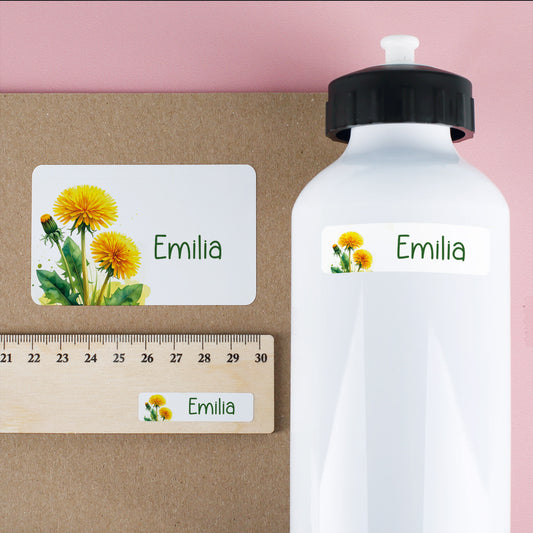 Schulaufkleber auf Brotdose, Lineal und Trinkflasche – Name Emilia mit Löwenzahn-Design