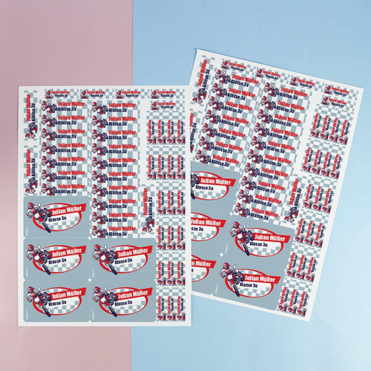 Namensaufkleber für die Schule mit Motorrad-Aufdruck Name und Text