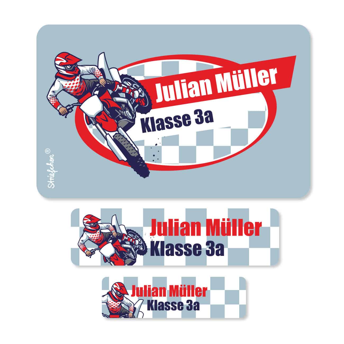 Namensaufkleber für die Schule mit Motorrad-Aufdruck Name und Text