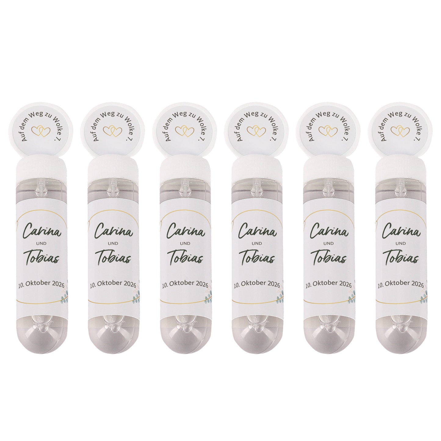 Personalisiertes 6er Set Hochzeits-Seifenblasen mit Namen Carina und Tobias vor weißem Hintergrund