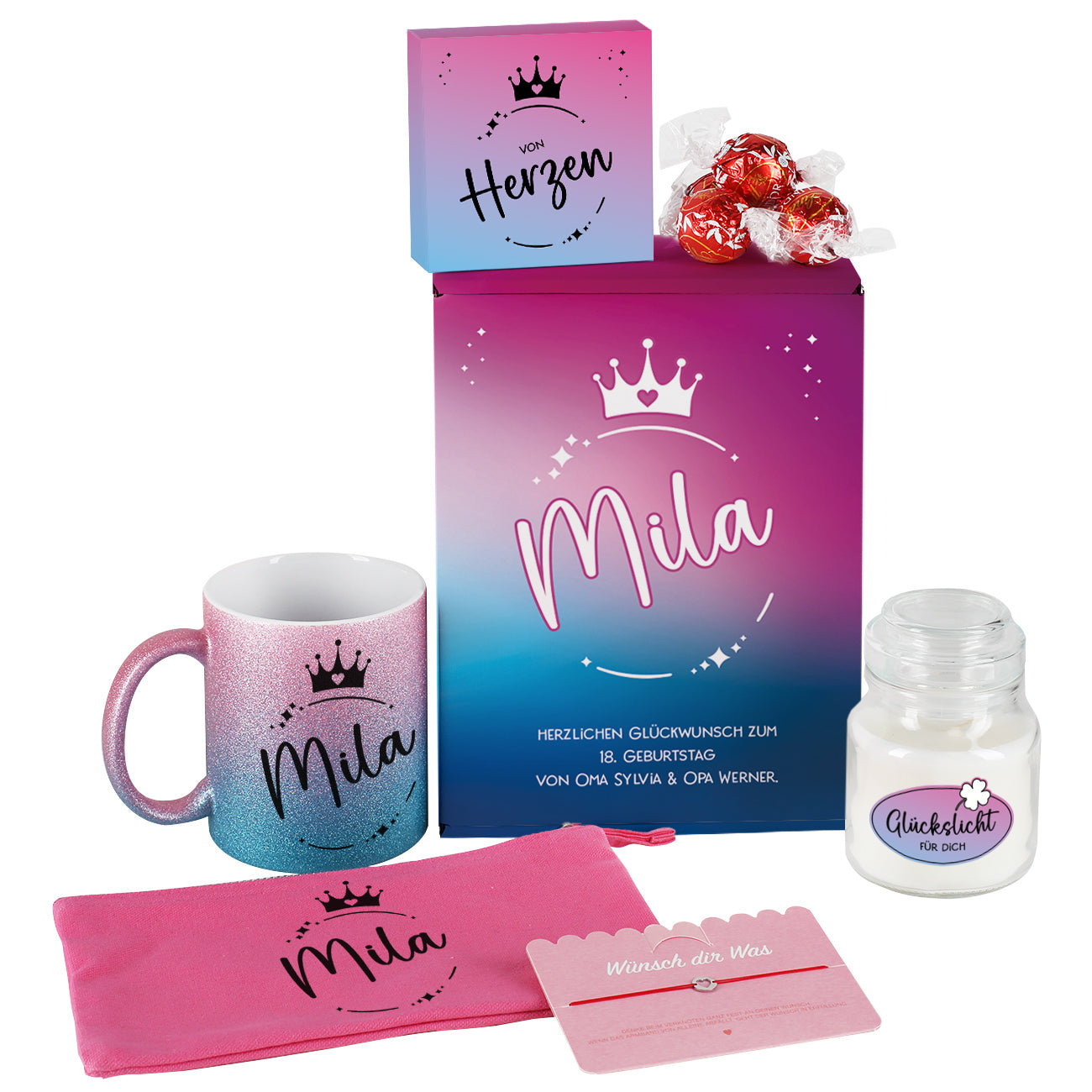 Geschenkset für Frauen mit Glitzertasse, Beautycase, Duftkerze & mehr
