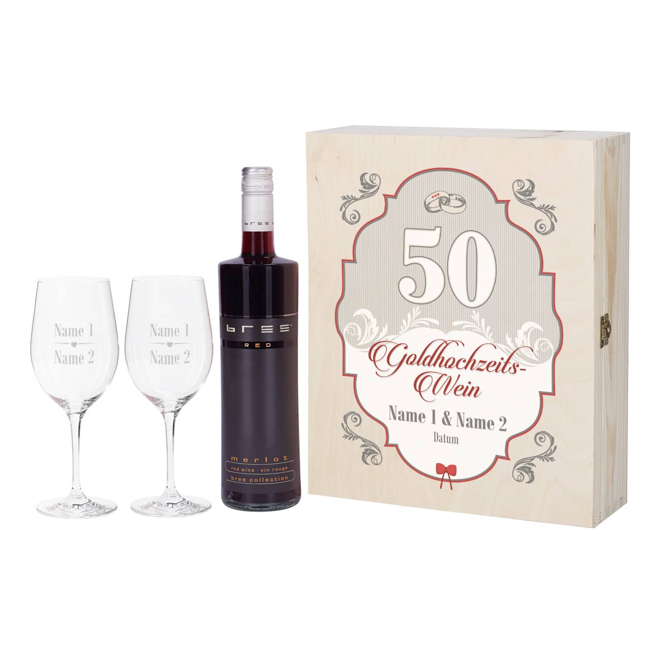 Goldhochzeitswein mit zwei gravierten Gläsern in edler Holzbox