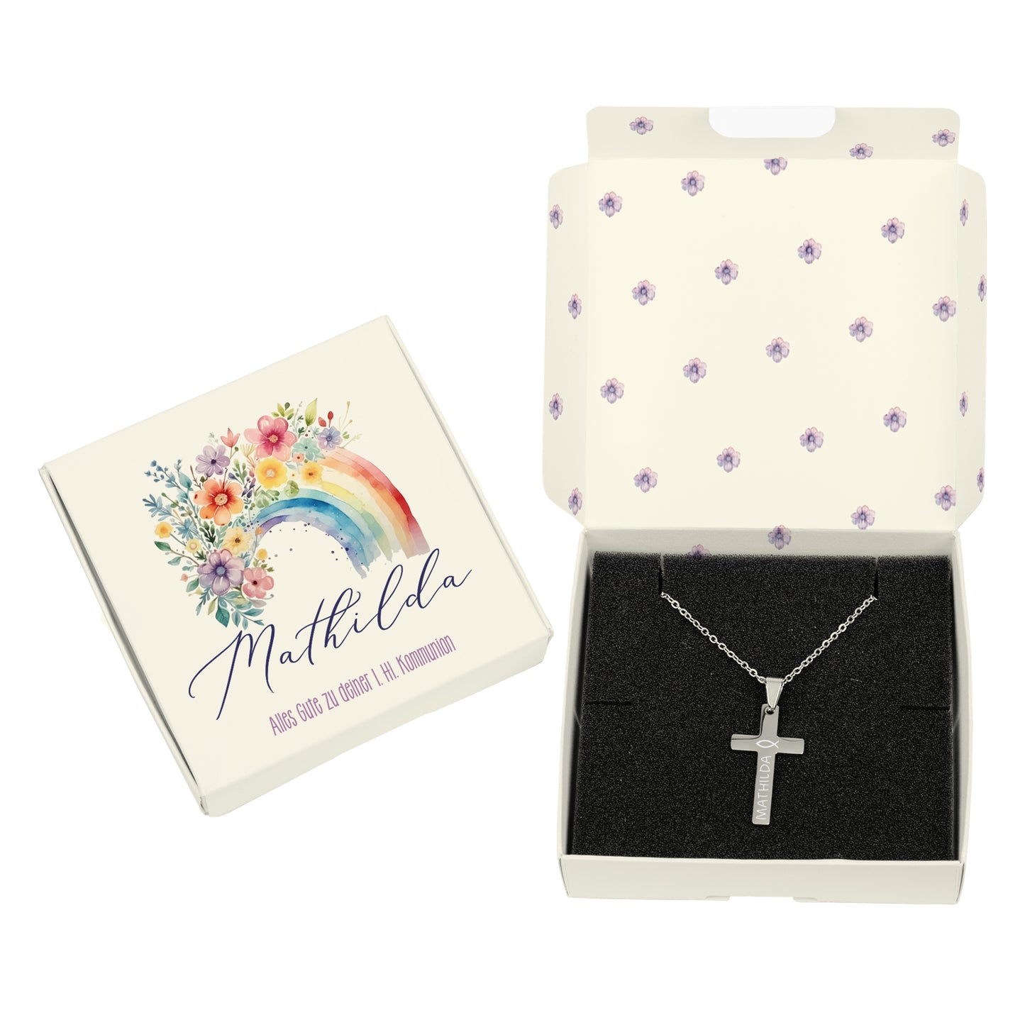 Gravierte Halskette mit Kreuz in Geschenkbox zu Kommunion, Konfirmation, Taufe