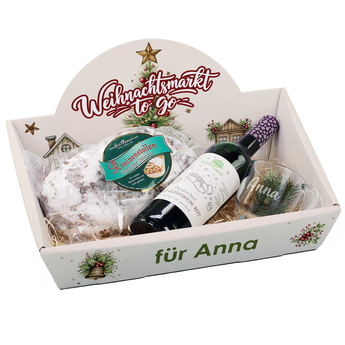 Freigestellter Weihnachts-Präsentkorb „Weihnachtsmarkt to go für Anna“ mit Glühwein, 1-kg-Rosinenstollen und personalisierter Glastasse