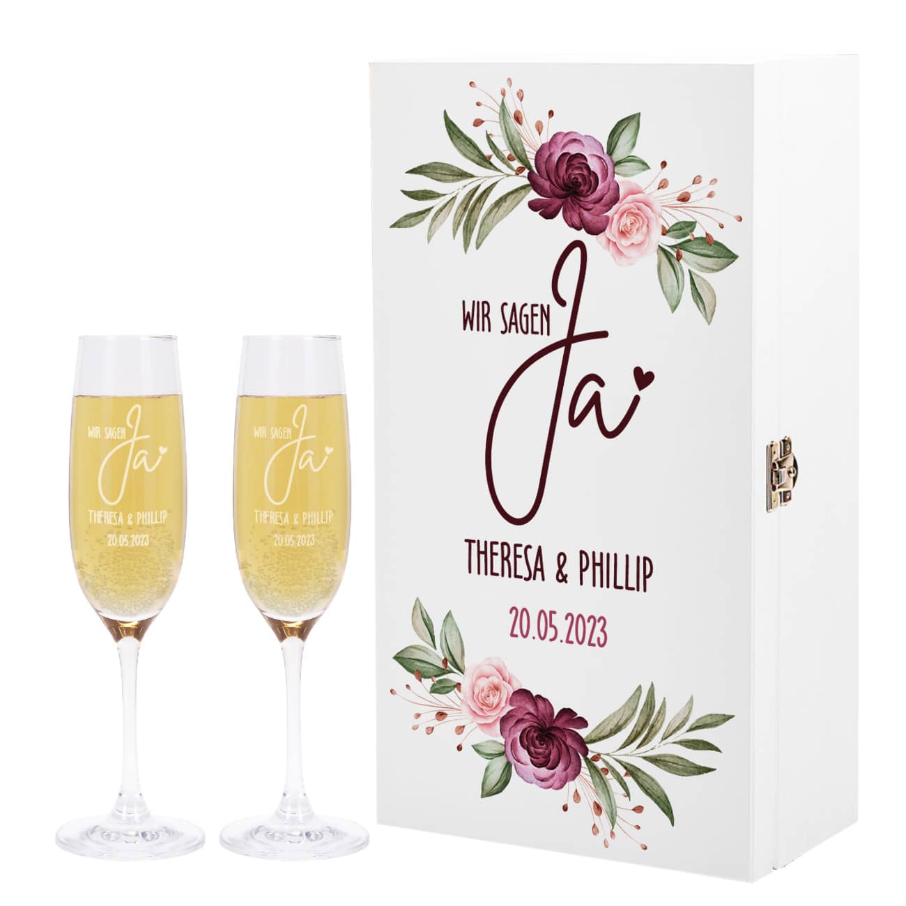 Geschenkset personalisiert mit Namen und Datum der Hochzeit