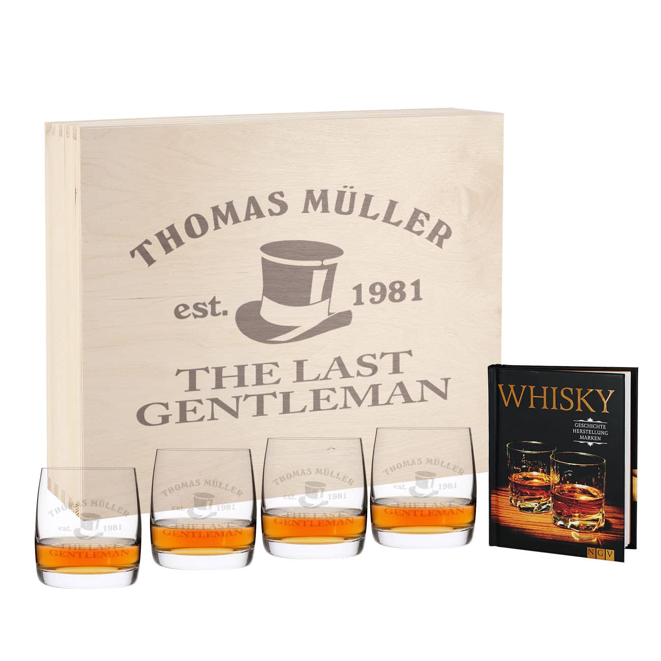 Whiskybox mit 4 Whiskygläsern und Buch über Whiskys