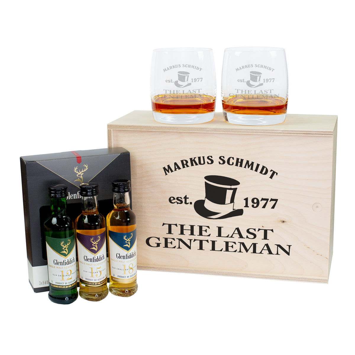 Personalisiertes Whisky-Geschenkset mit Holzbox „The Last Gentleman Markus Schmidt“, zwei Whiskygläsern und Glenfiddich Miniaturen