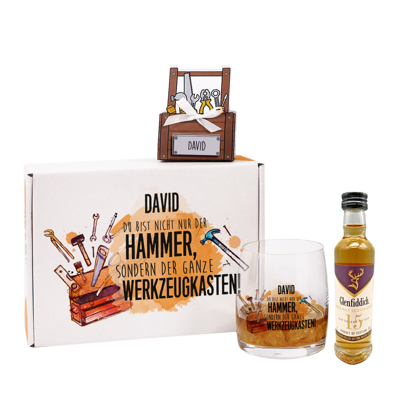 Geschenkset personalisert für Männer mit Glenfiddich, Whiskyglas, Lindorkugeln & passender Verpackung