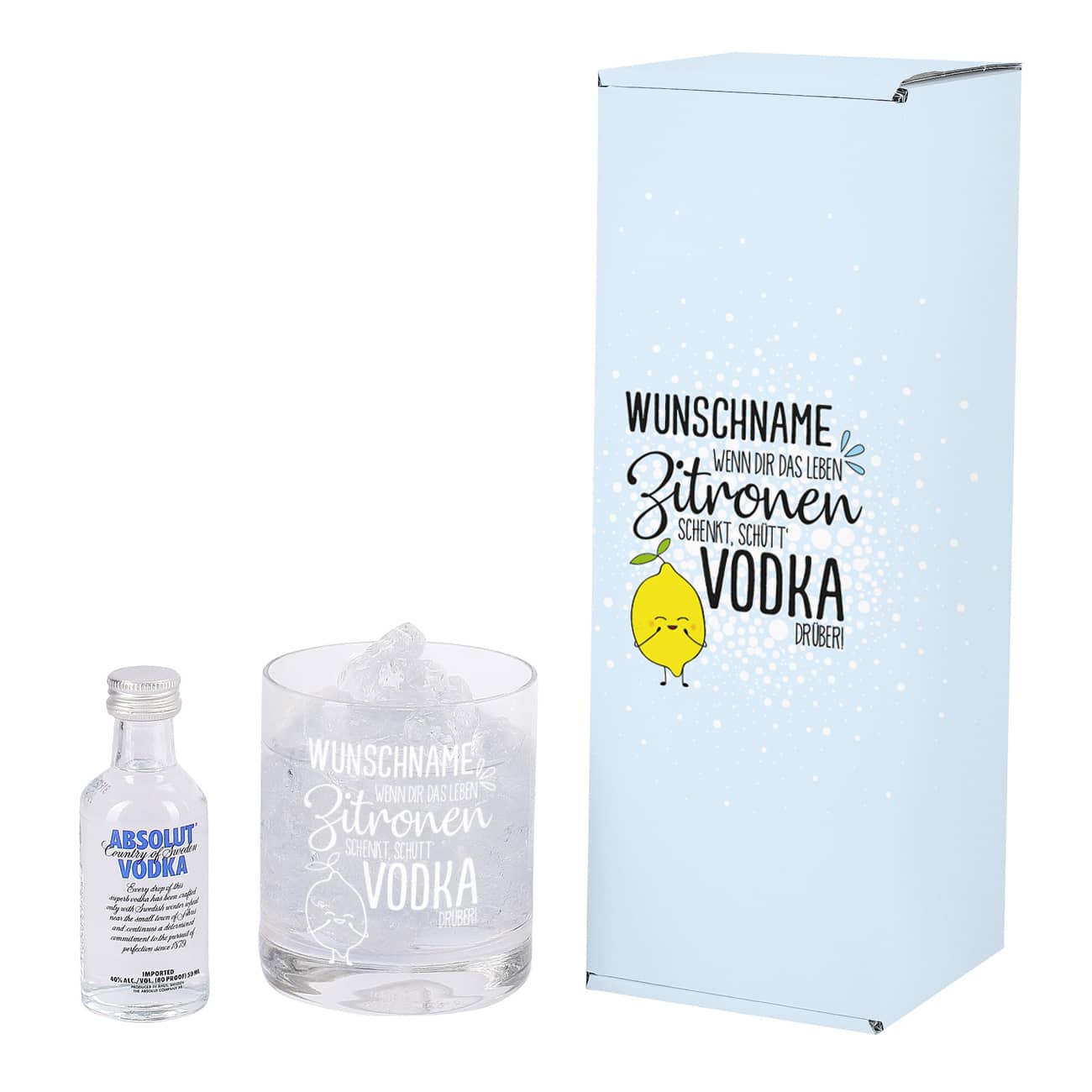 Vodka Lemon Geschenk-Set mit graviertem Glas und 1 kleine Flasche Absolut Vodka