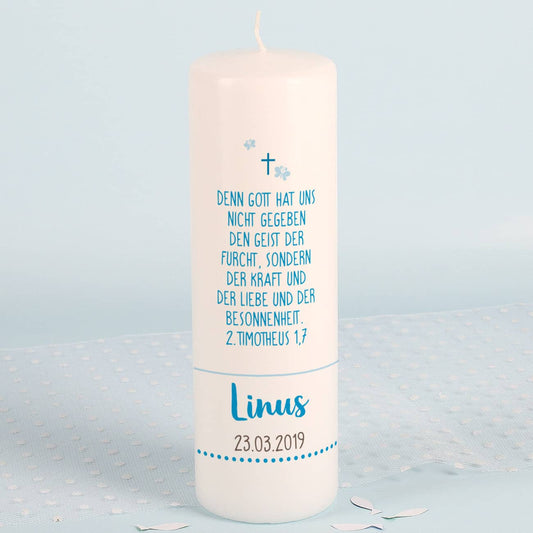 Rückseite der Kerze mit Taufspruch