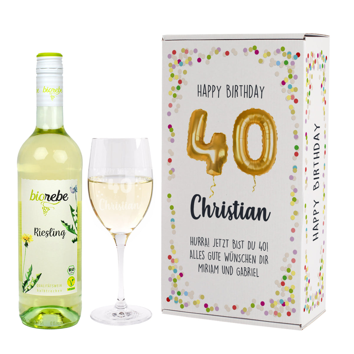 Happy Birthday 40 - Biorebe Wein und Weinglas in Geschenkbox | Geschenk zum Geburtstag