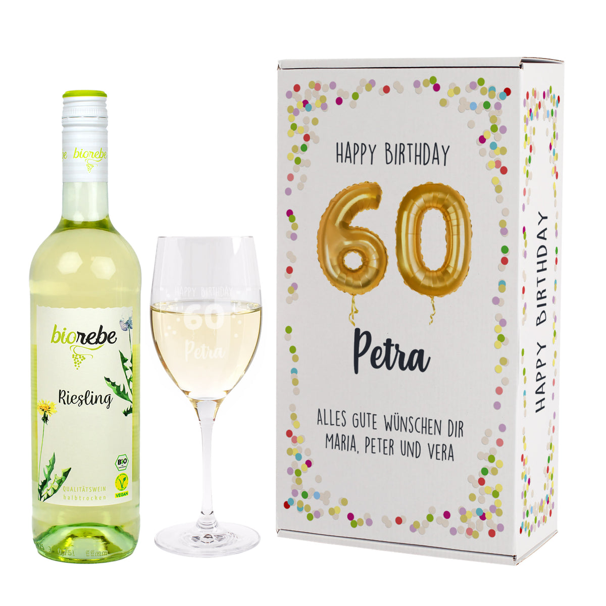 Happy Birthday 60 - Biorebe Geschenkset mit Weinglas in Geschenkbox zum Geburtstag