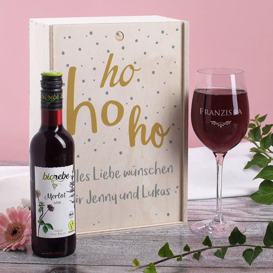 Geschenkset Hohoho mit Holzbox, Weinglas und Weinflasche