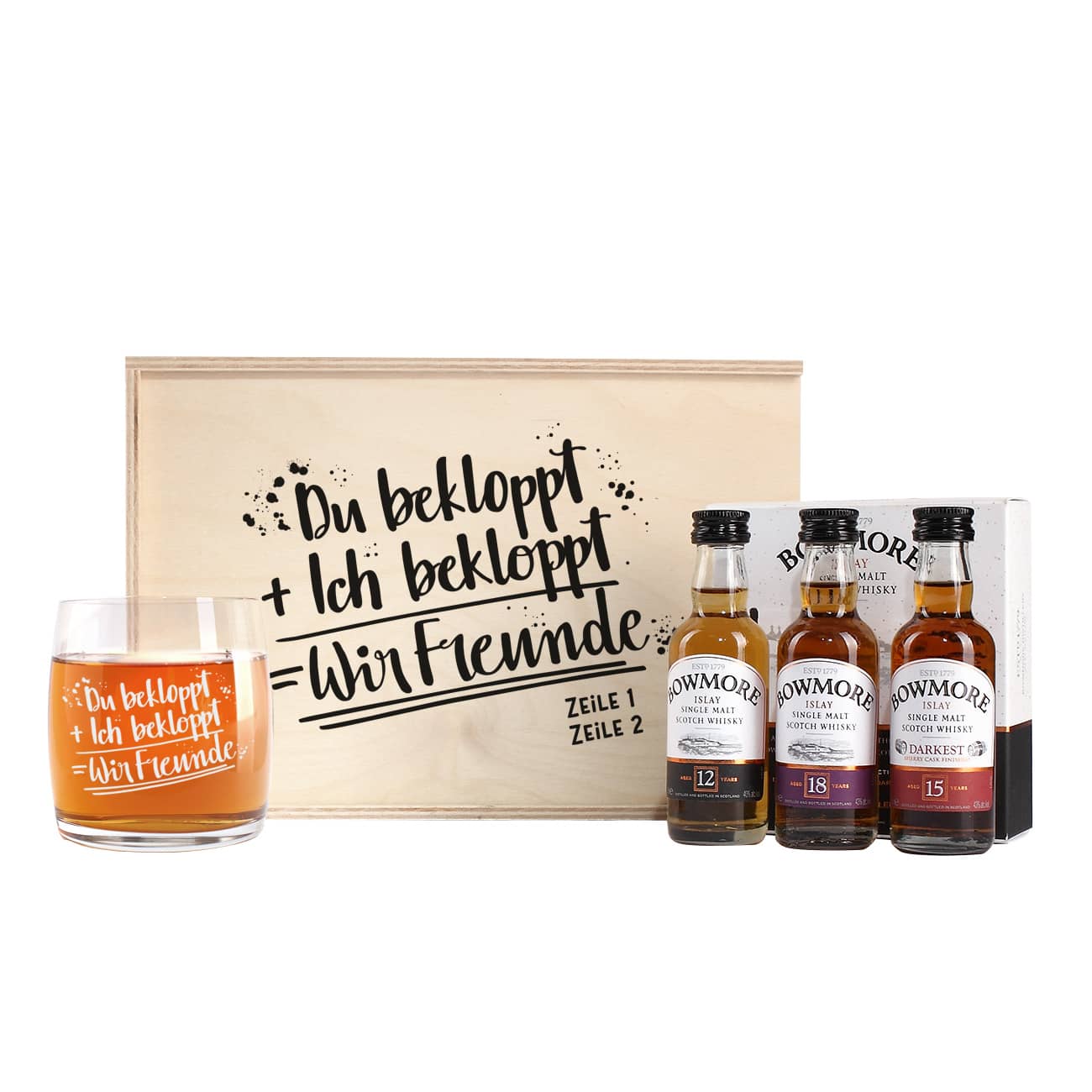 Du bekloppt + Ich bekloppt = Wir Freunde - Whiskyglas und Bowmore Whisky