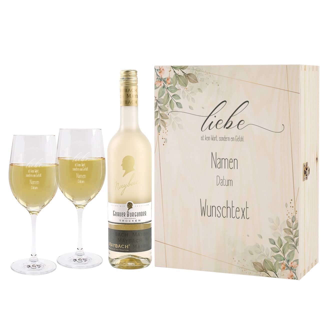 Hochzeits Geschenkset mit Maybach Wein, zwei Gläsern und Holzbox