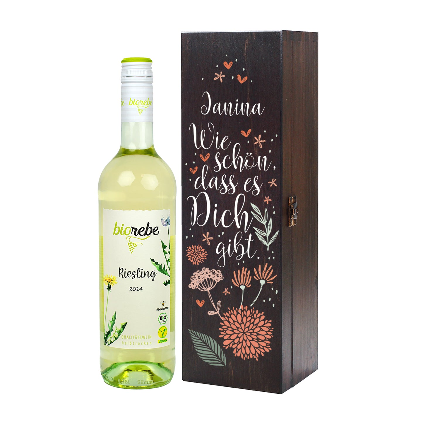 Wie schön, dass es Dich gibt. - Bienenfreundlicher Biorebe Wein in personalisierter Holzbox