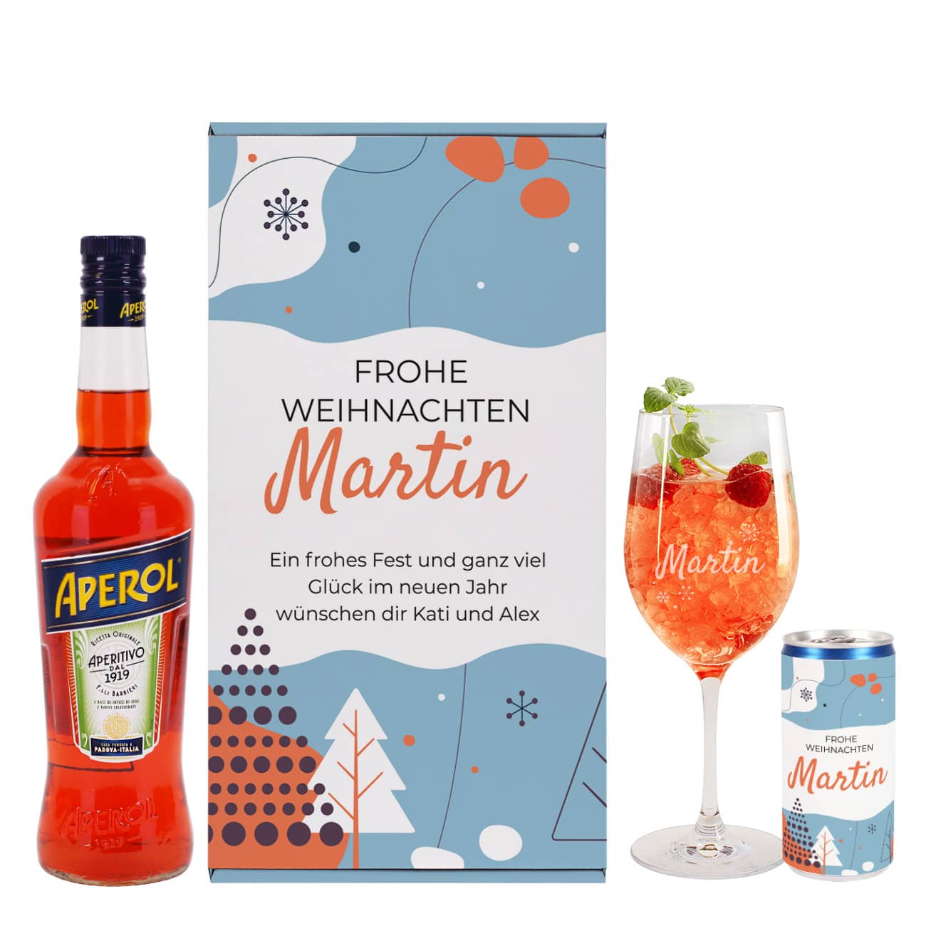 Geschenkset mit Aperol zu Weihnachten mit Ihrem Wunschnamen und Text