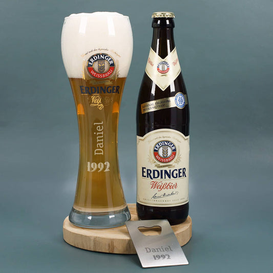 Bier-Geschenkset zum Geburtstag mit graviertem Glas, Erdinger Weißbier und Flaschenöffner