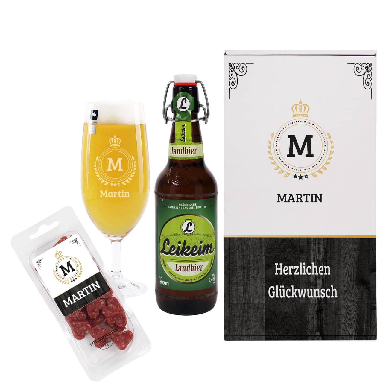 Geschenkset mit Bierglas, Bier und Snack
