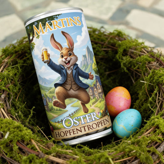 Personalisierte Osterbier Dose mit Hasenmotiv im Osternest mit bunten Ostereiern