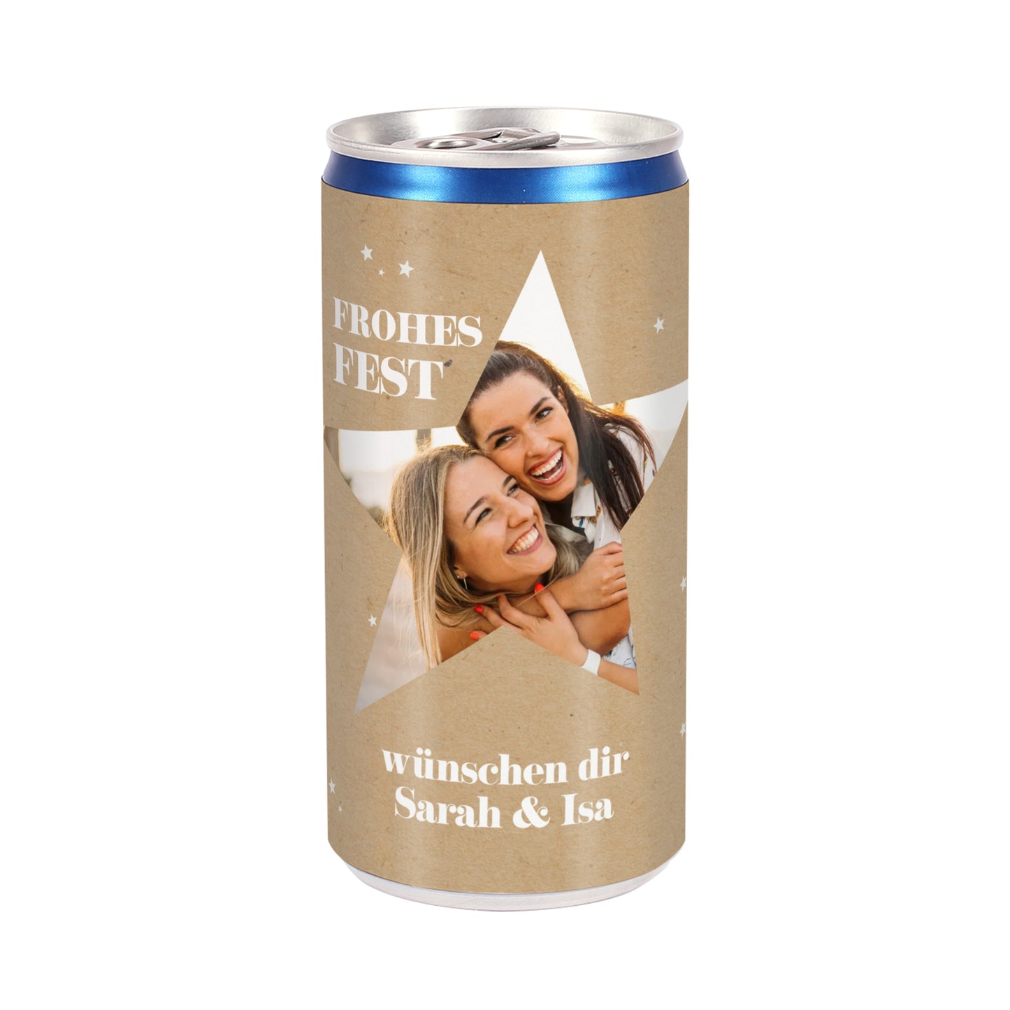 Personalisierte Secco-Dose mit Foto im Stern & Wunschtext | Frohes Fest Geschenk zu Weihnachten