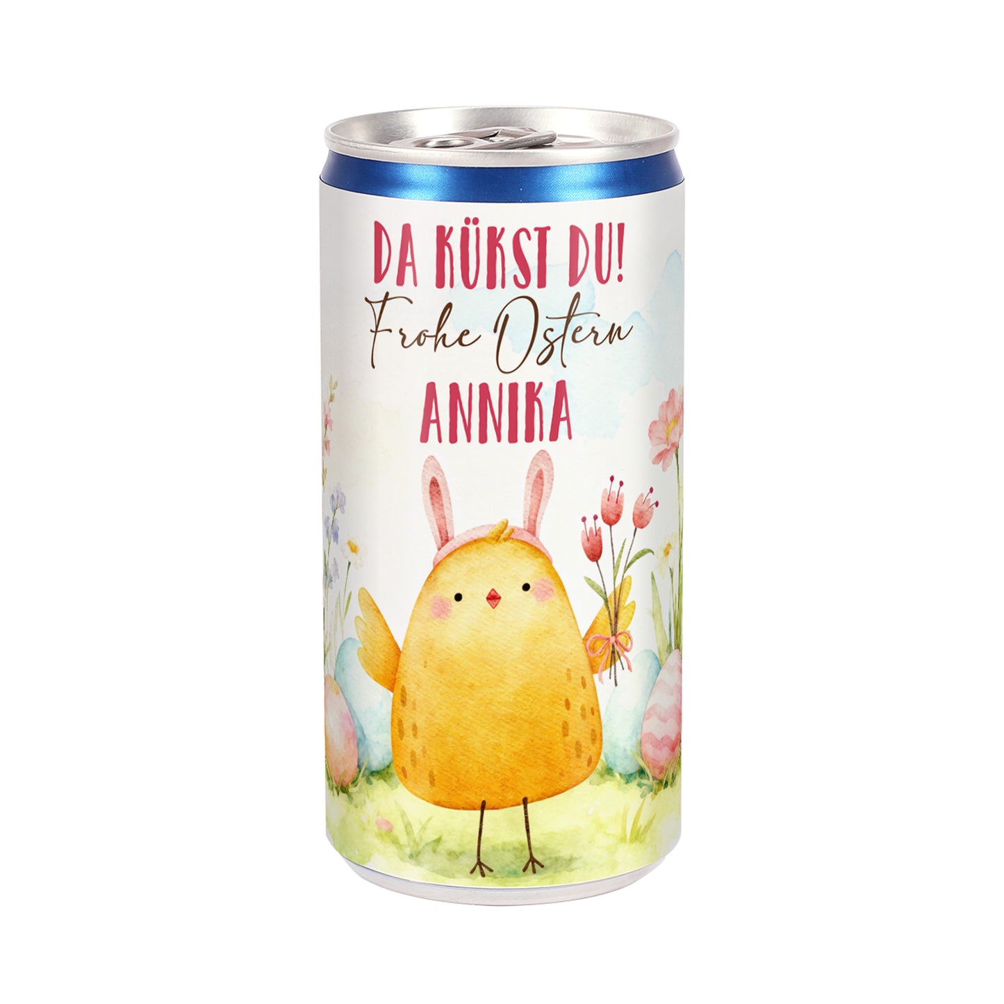 Personalisierter Oster Secco mit Kükenmotiv und Namen auf der Dose