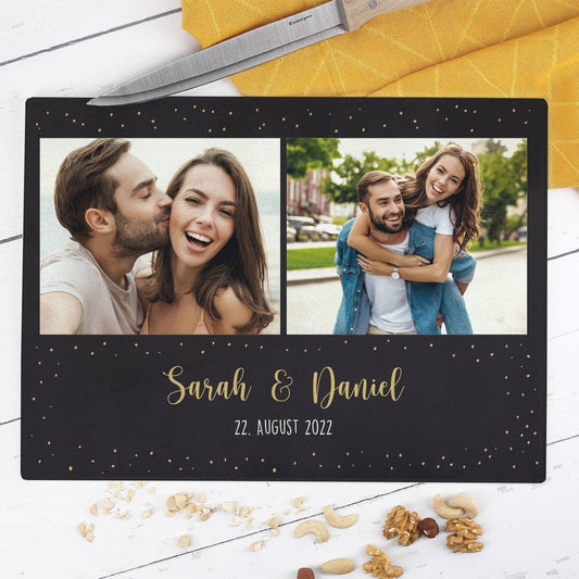 Hochzeitsgeschenk - Glasschneidebrett mit Fotos und zwei Zeilen Text