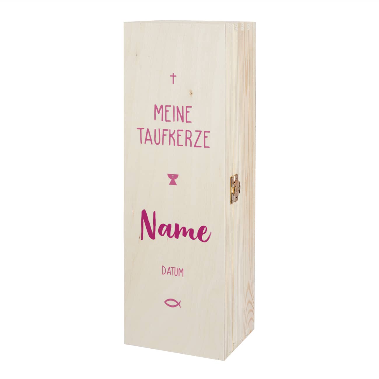 Verpackung für Taufkerzen - Holzbox mit Name und Datum in drei Farben zur Auswahl